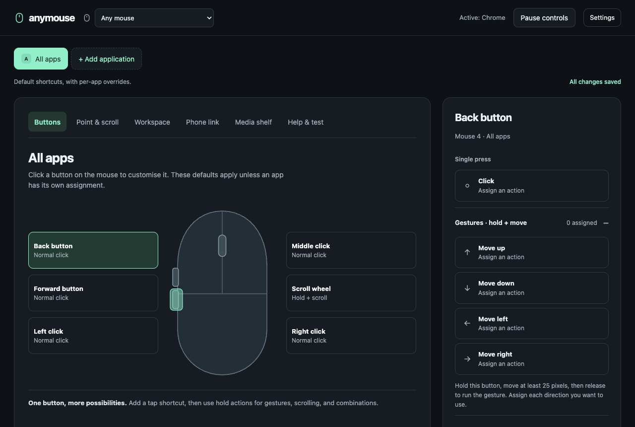 mouzeclick settings: app tabs across the top, a mouse diagram in the middle, and the slots for one button on the right