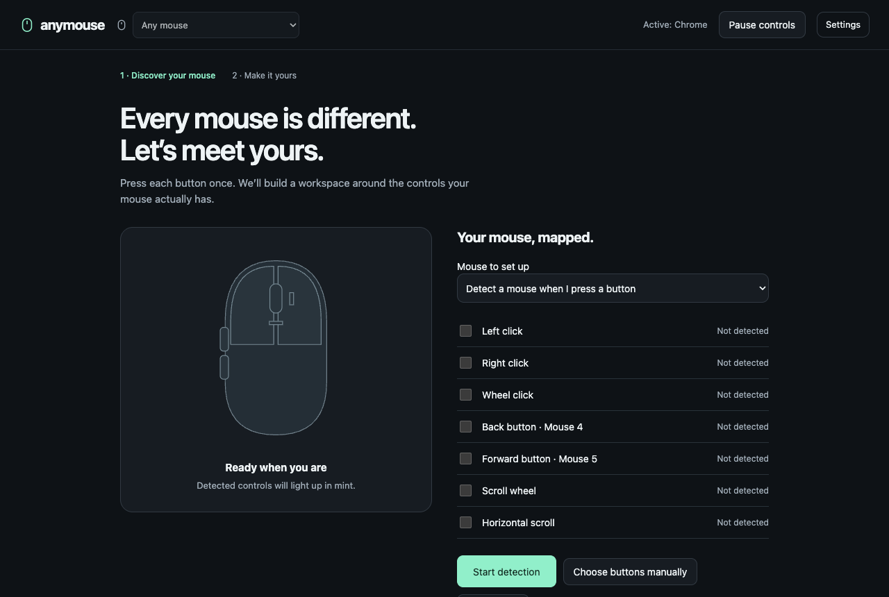 First-run setup: press each button once and the layout is built around your mouse