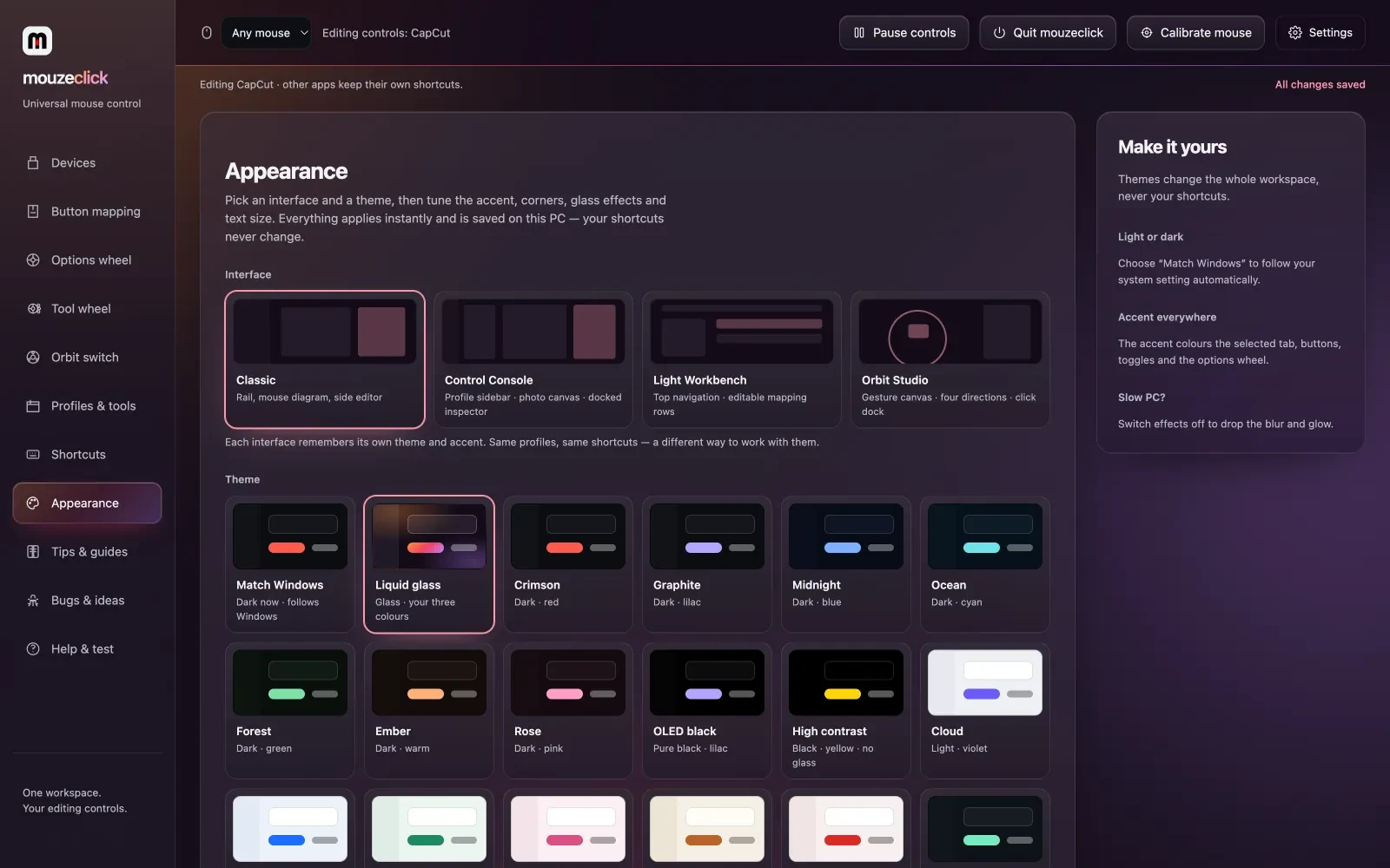 Appearance: interfaces and themes, with Liquid glass as the default