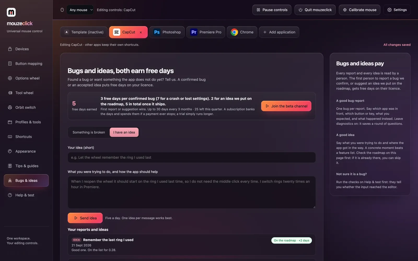 The Bugs & ideas page inside mouzeclick, with a form to send an idea and a list of past reports, one marked as on the roadmap with free days added.