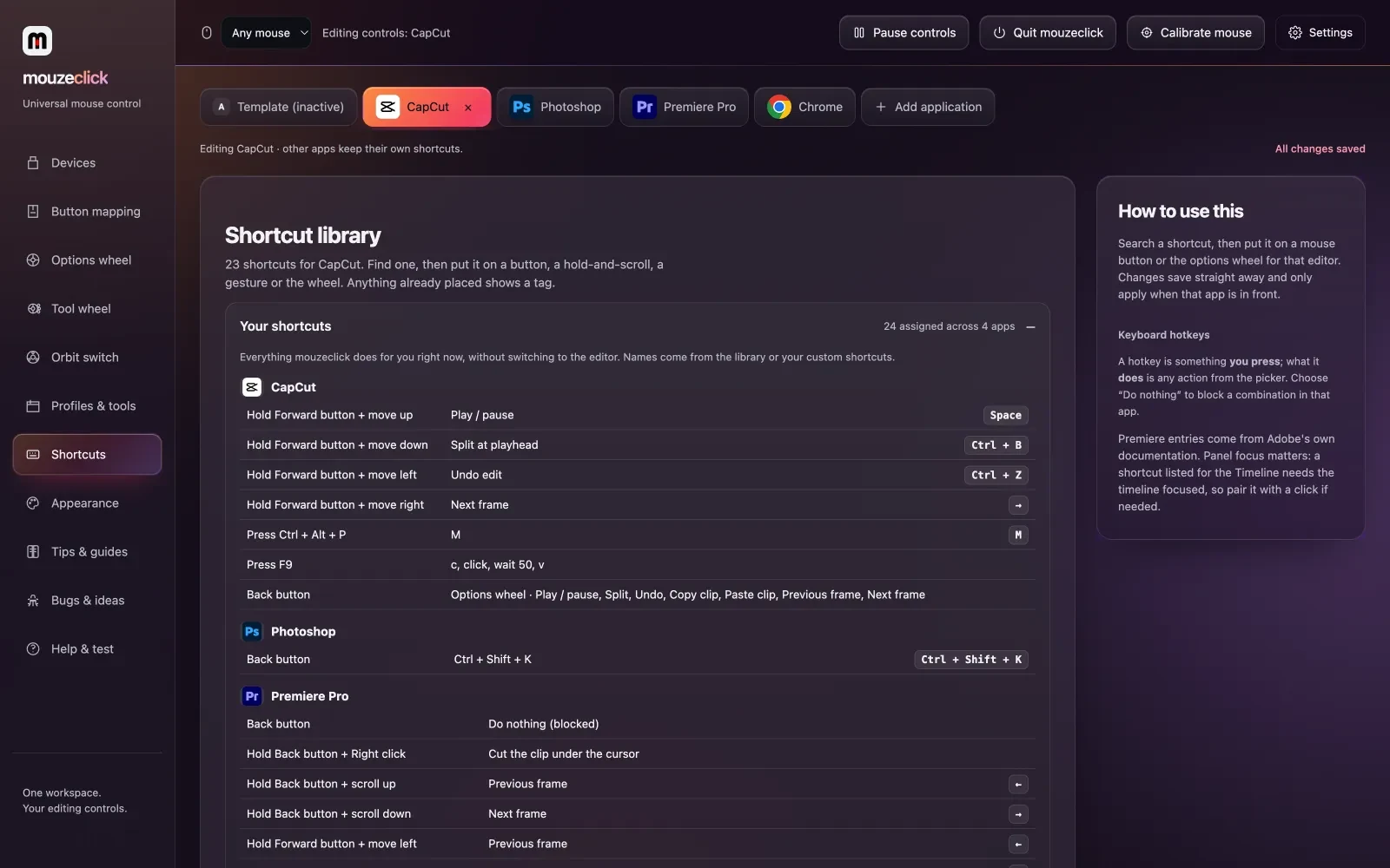 Shortcuts: everything mouzeclick does for you right now, per app, plus keyboard hotkeys and the library