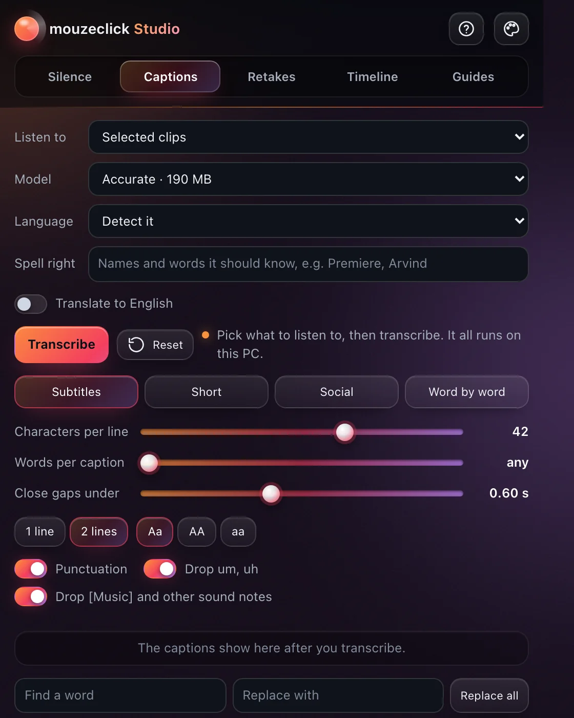 The Captions tab of the mouzeclick Studio: model, language, caption style presets and line settings.