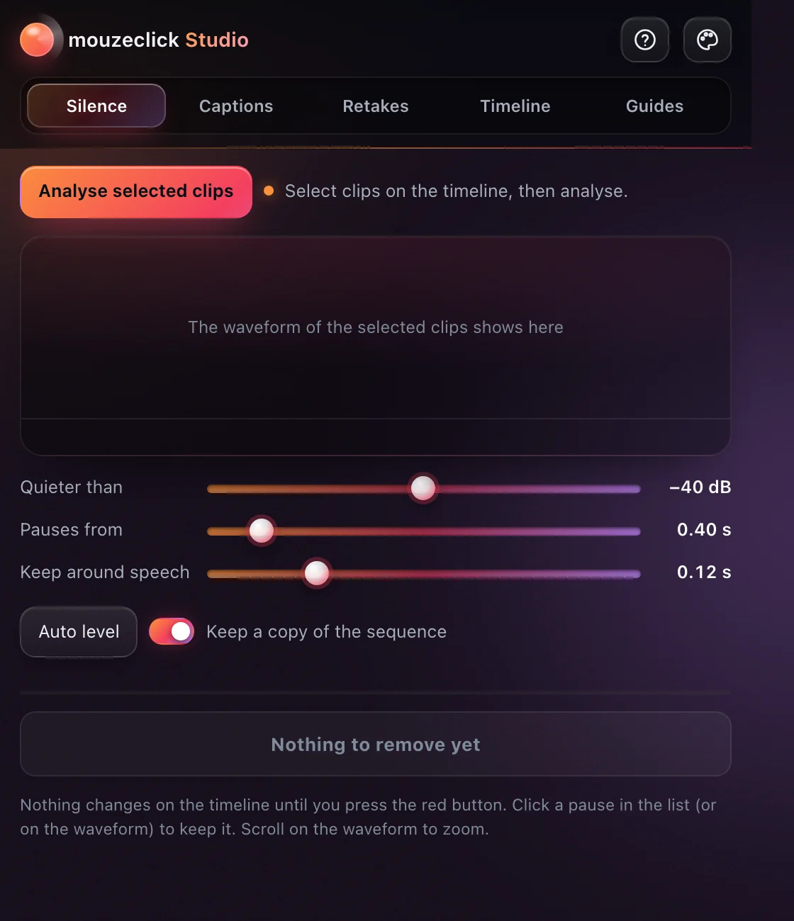 The Silence tab of the mouzeclick Studio: analyse selected clips, with sliders for loudness, pause length and padding around speech.