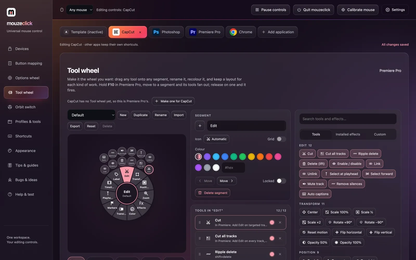 The Tool wheel page for Premiere Pro: the Edit segment open on the wheel, its tools listed beside it, and the library of tools and installed effects