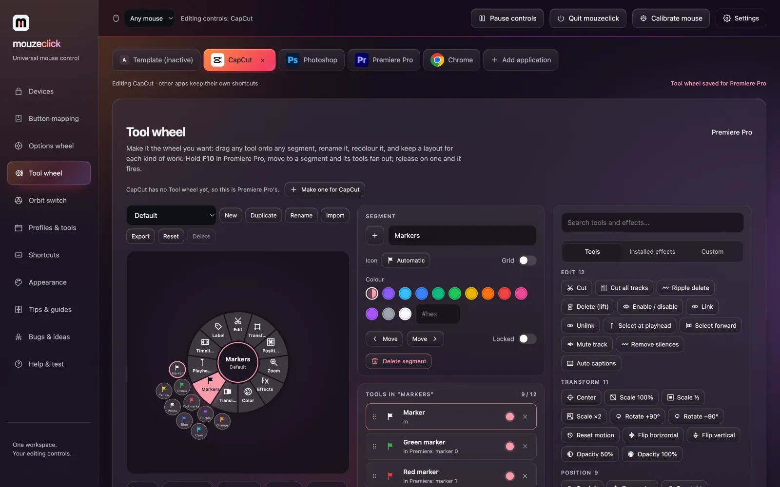 The Tool wheel in mouzeclick for Premiere Pro: segments such as Edit, Zoom and Markers, with the Markers segment fanning out into marker colours.