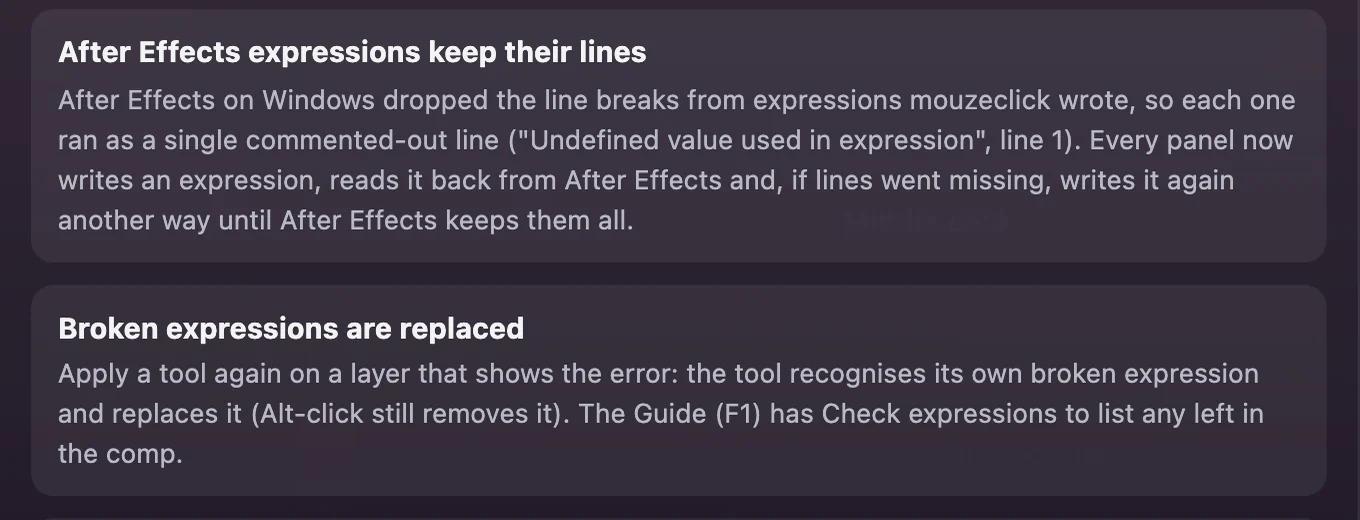 Release notes in the What's new window inside mouzeclick: After Effects expressions keep their lines, and Broken expressions are replaced.