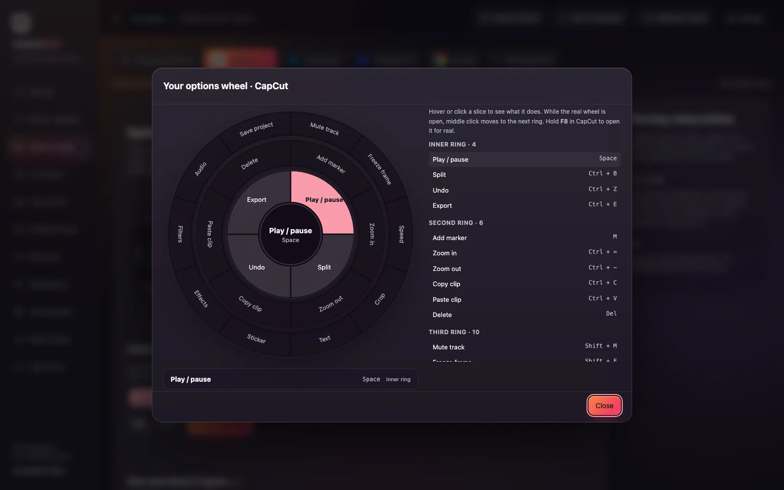 The Options wheel in mouzeclick, set up for CapCut: Play / pause, Split, Undo and Export on the inner ring, more actions on two outer rings.