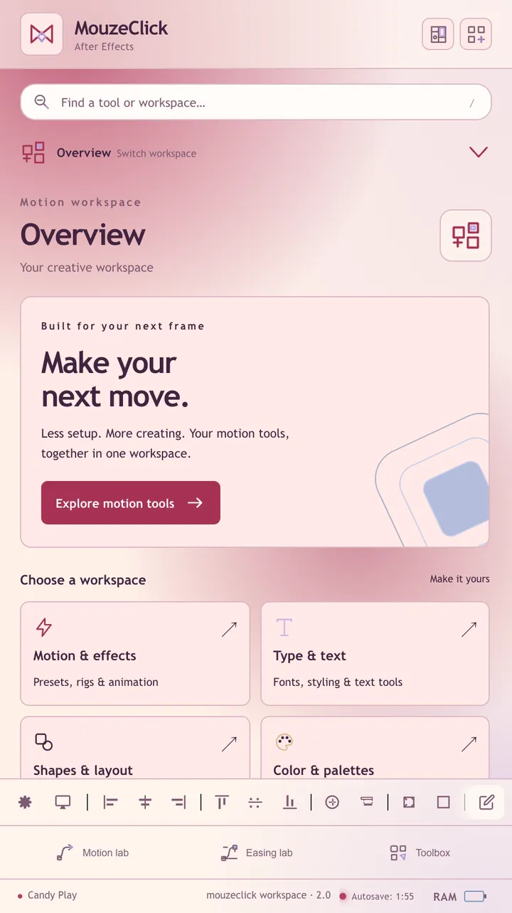 The mouzeclick workspace for After Effects in Candy Play