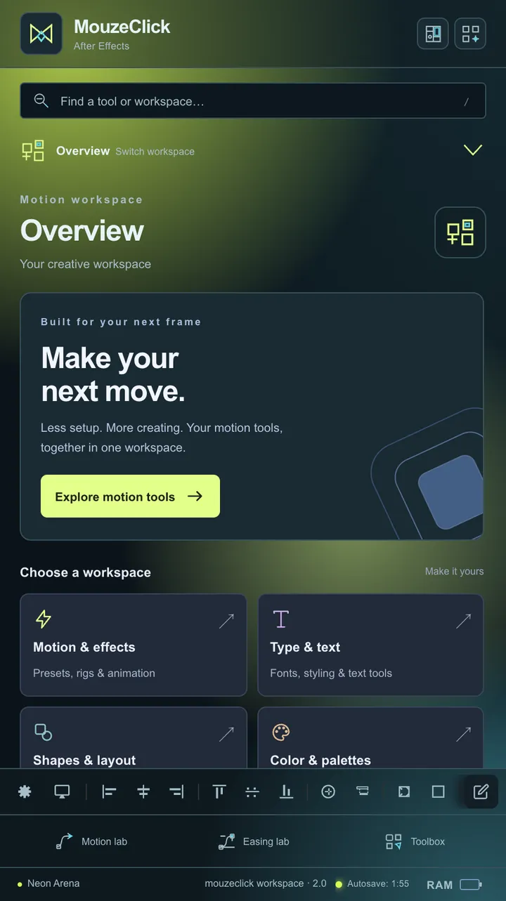 The mouzeclick workspace for After Effects in Neon Arena