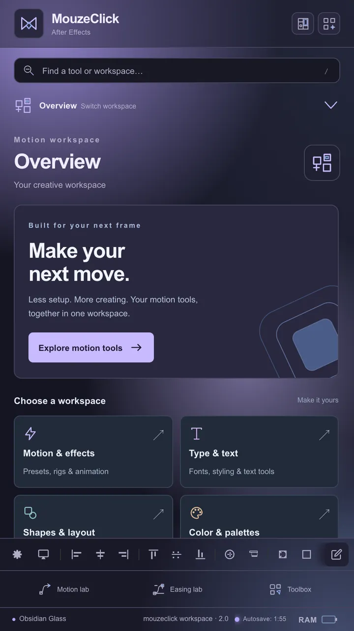 The mouzeclick workspace for After Effects in the Obsidian Glass theme: search, the workspace switcher and the Overview with its workspaces