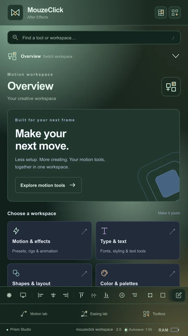 The mouzeclick workspace for After Effects in Prism Studio