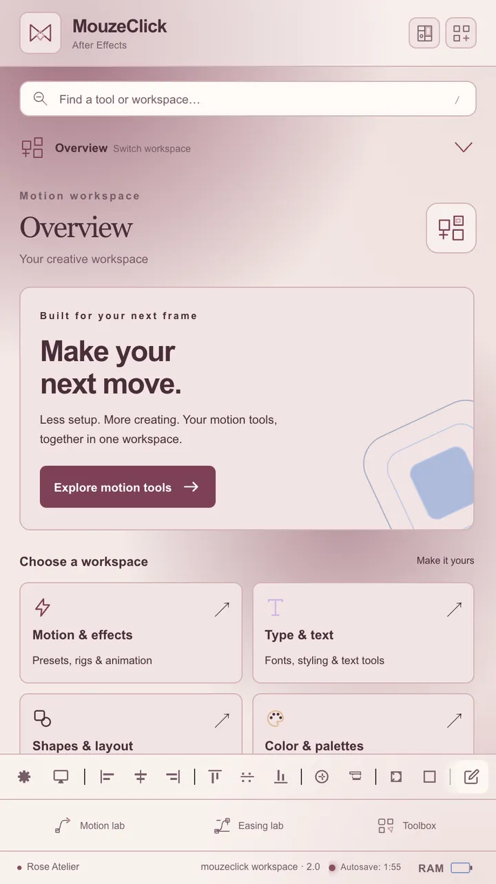 The mouzeclick workspace for After Effects in Rose Atelier