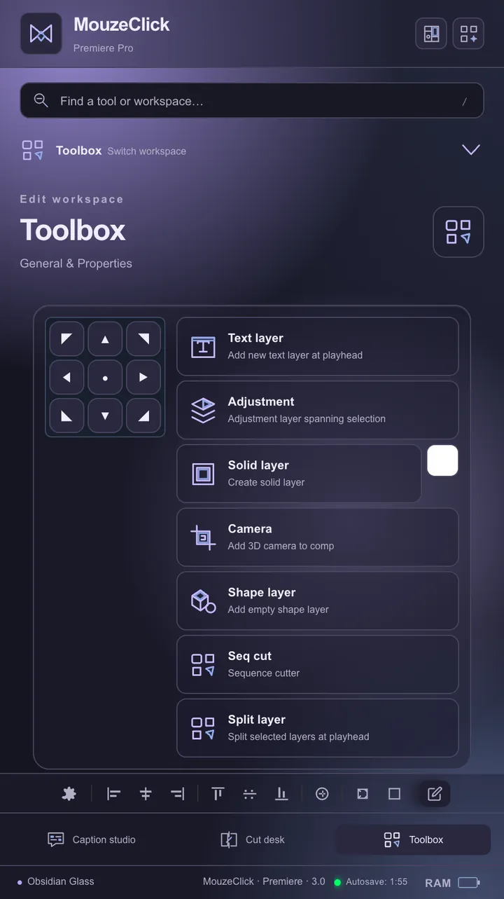 The mouzeclick workspace for Premiere Pro in the Obsidian Glass theme