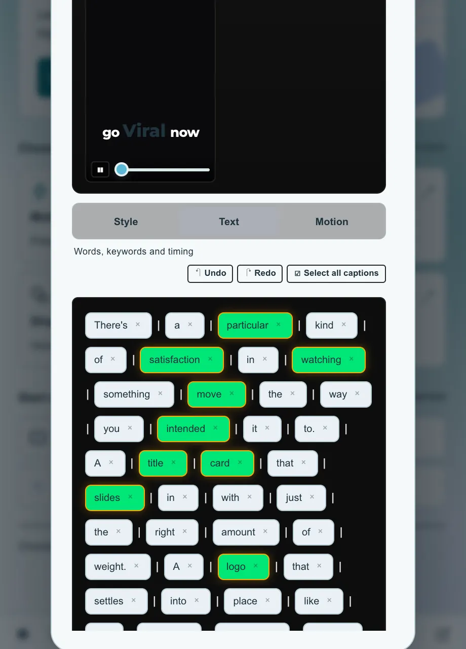 Words as chips, from the built-in demo transcript. The After Effects workspace in Pearl Glass.