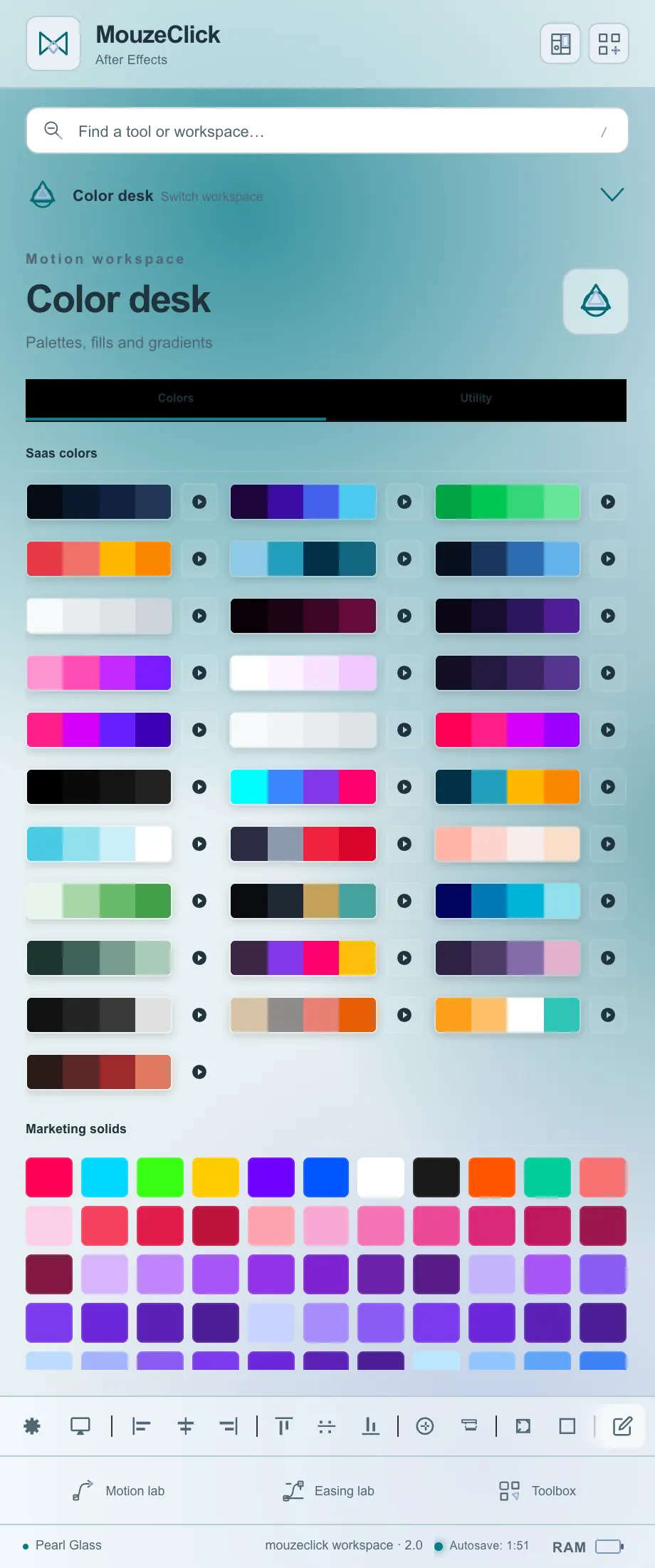 All 31 SaaS palettes. The After Effects workspace in Pearl Glass.