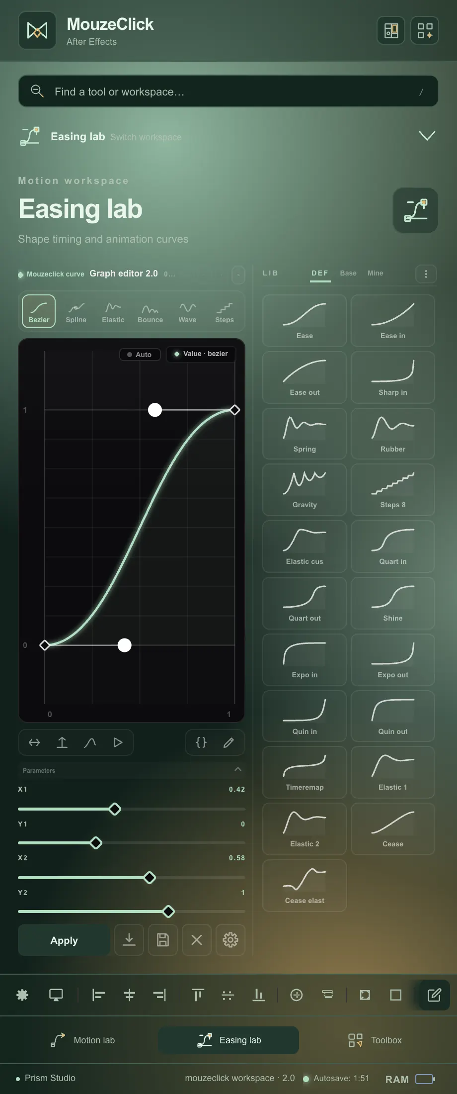 Bezier and the Def library. The After Effects workspace in Prism Studio.