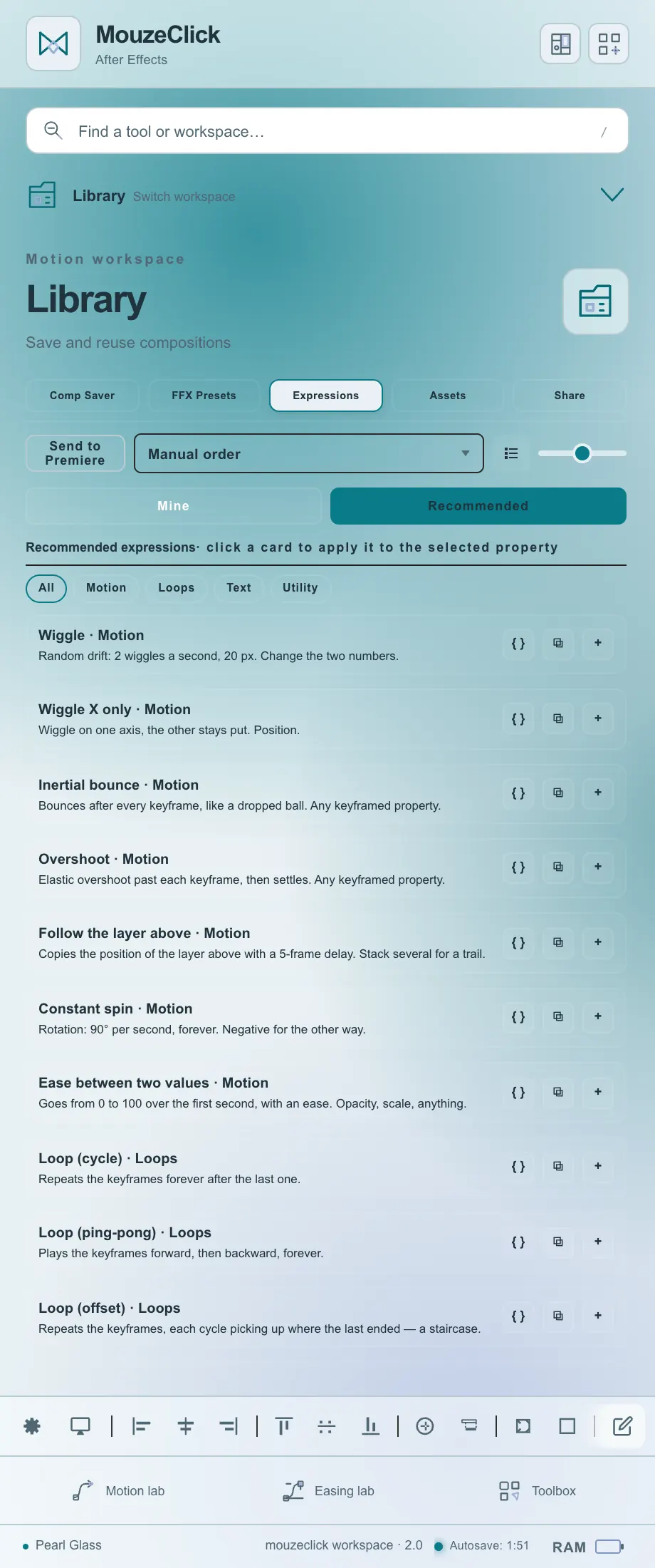 Recommended expressions, 10 of 25 shown. The After Effects workspace in Pearl Glass.