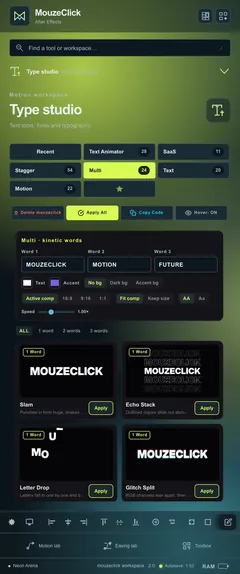 Multi · kinetic words. The After Effects workspace in Neon Arena.