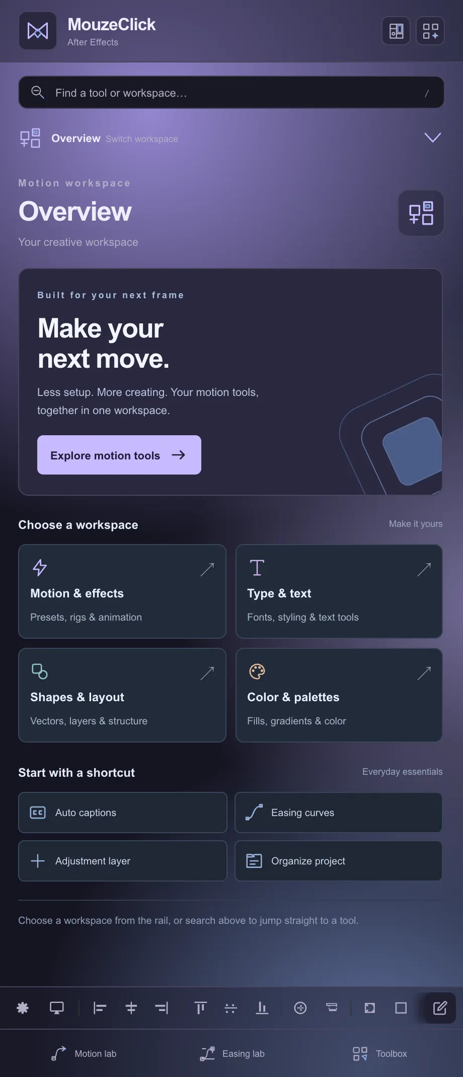 Overview: four workspace cards and four shortcuts. The After Effects workspace in Obsidian Glass.