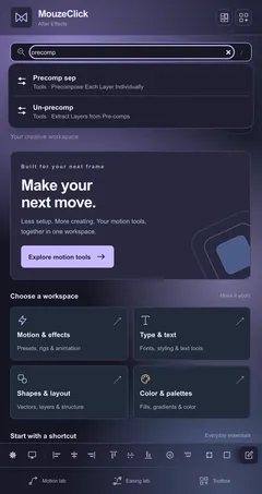 Search: “precomp”. The After Effects workspace in Obsidian Glass.