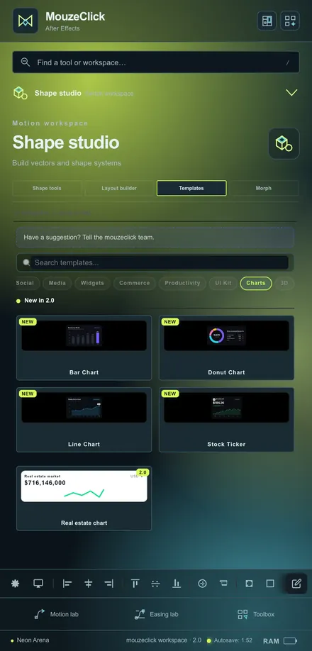 Templates · Charts. The After Effects workspace in Neon Arena.