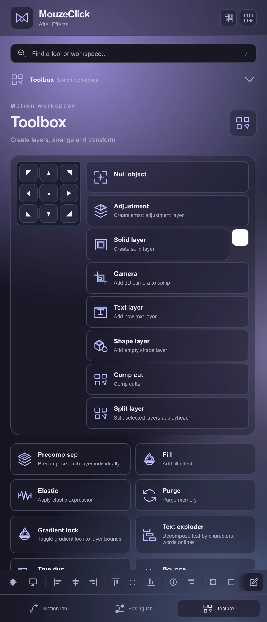 Toolbox: the anchor grid and one-click layers. The After Effects workspace in Obsidian Glass.