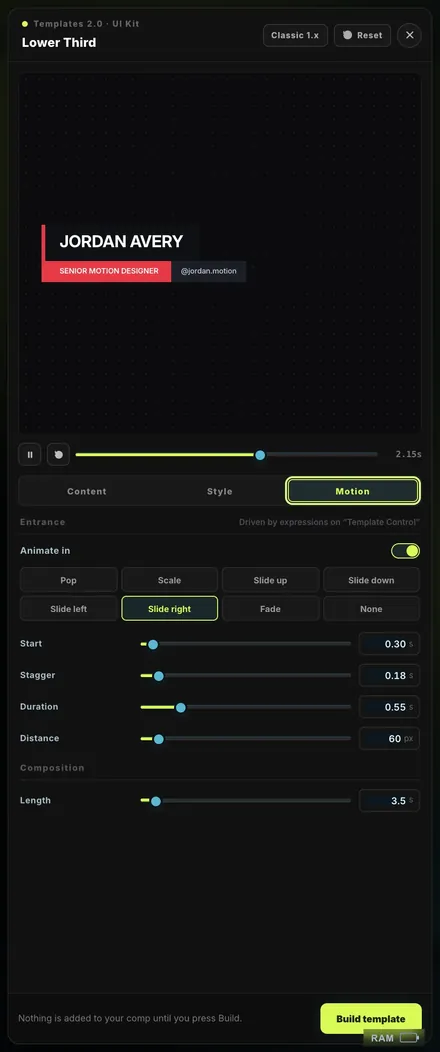 Editor · Motion. The After Effects workspace in Neon Arena.