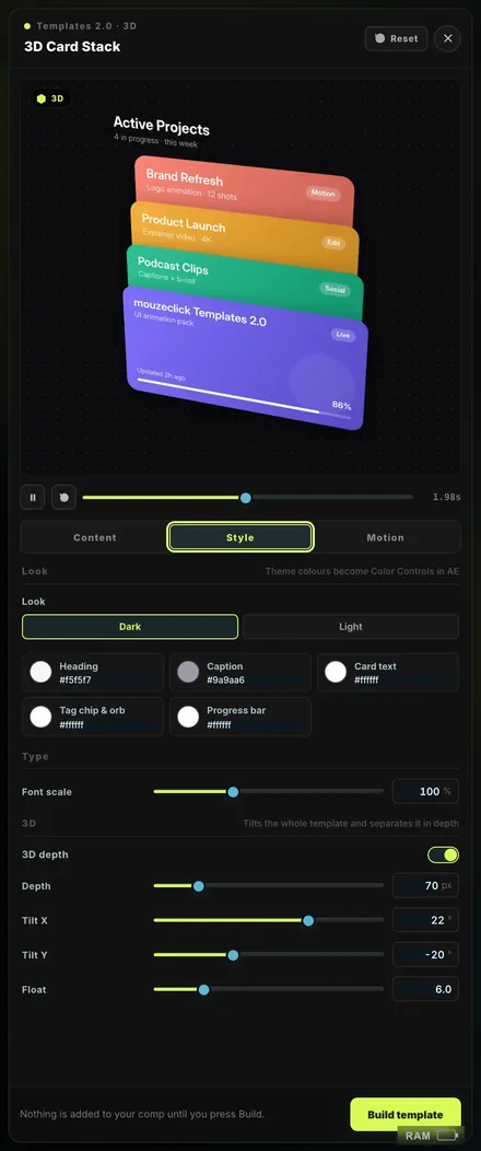 Editor · Style. The After Effects workspace in Neon Arena.