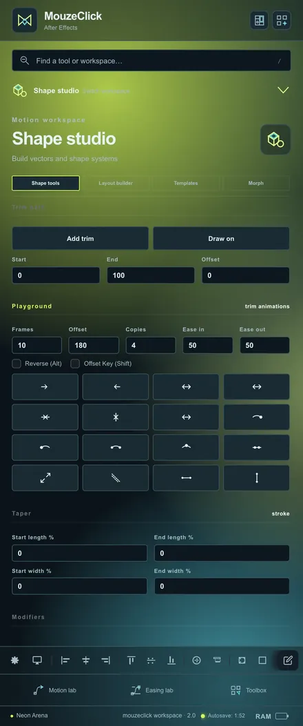 Trim animations. The After Effects workspace in Neon Arena.