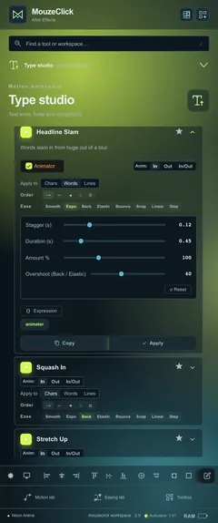 An open preset. The After Effects workspace in Neon Arena.