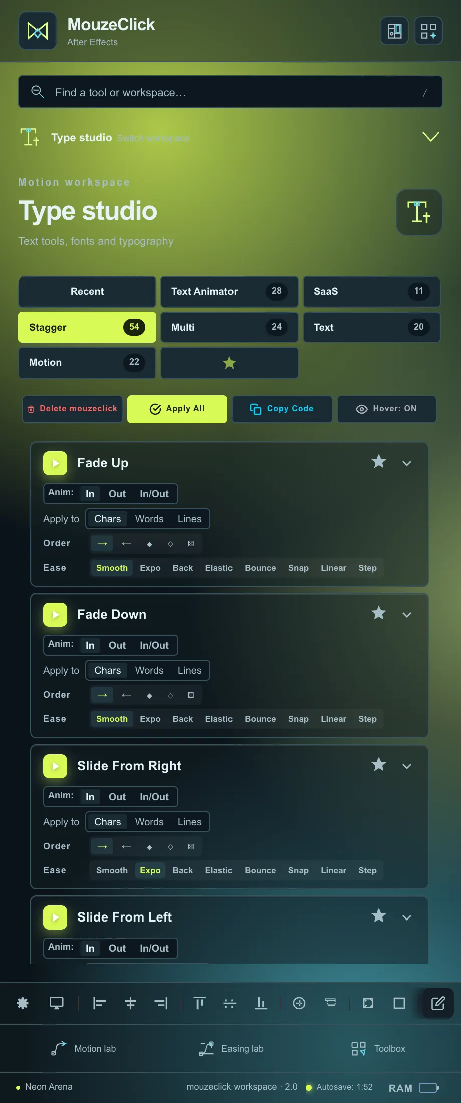Stagger presets with order and ease. The After Effects workspace in Neon Arena.