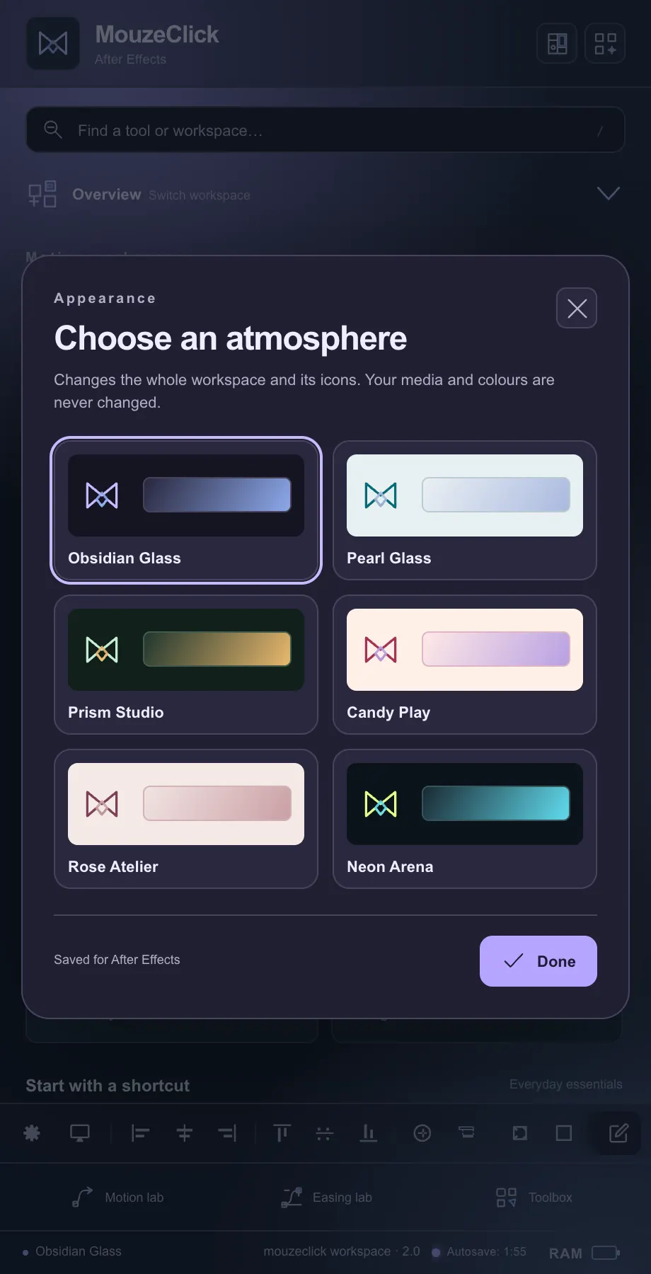 The theme picker. The After Effects workspace in Obsidian Glass.