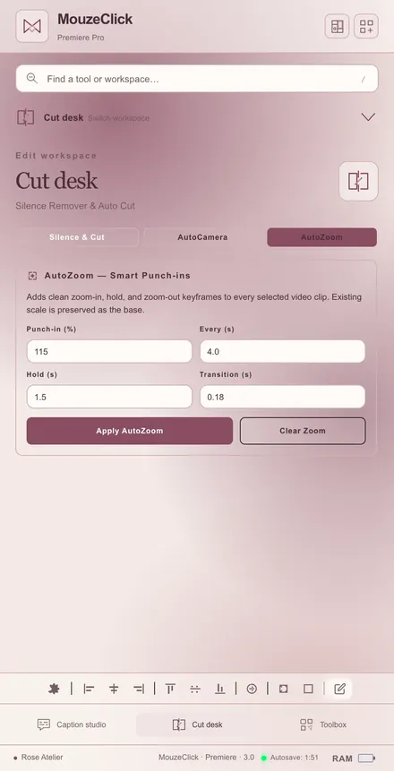 AutoZoom. The Premiere Pro workspace in Rose Atelier.