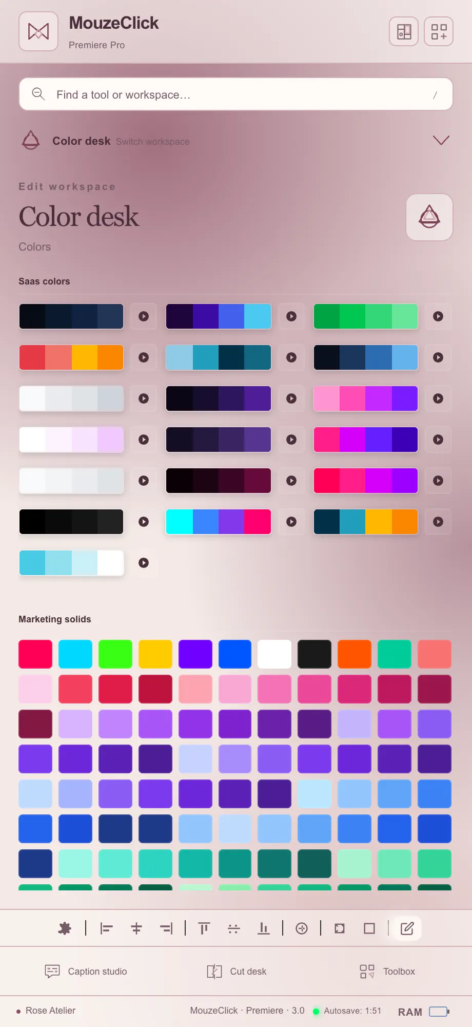 SaaS palettes and marketing solids. The Premiere Pro workspace in Rose Atelier.