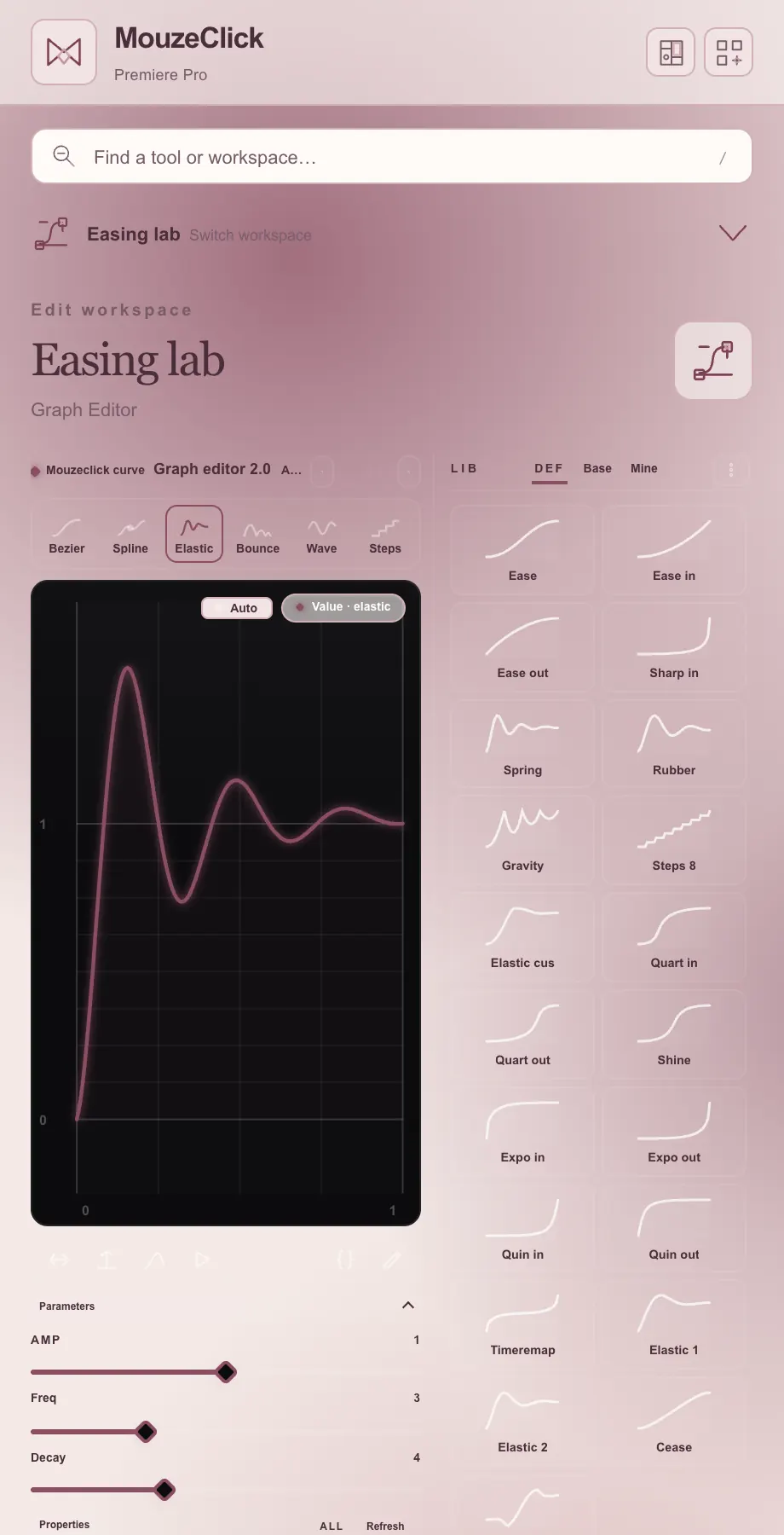 The Spring curve, loaded from Def. The Premiere Pro workspace in Rose Atelier.