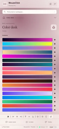 Gradients, 18 of 66 shown. The Premiere Pro workspace in Rose Atelier.