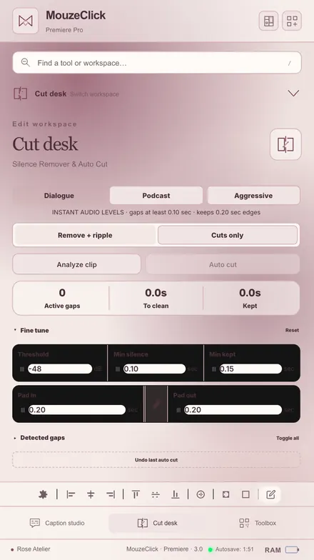 Silence & Cut. The Premiere Pro workspace in Rose Atelier.