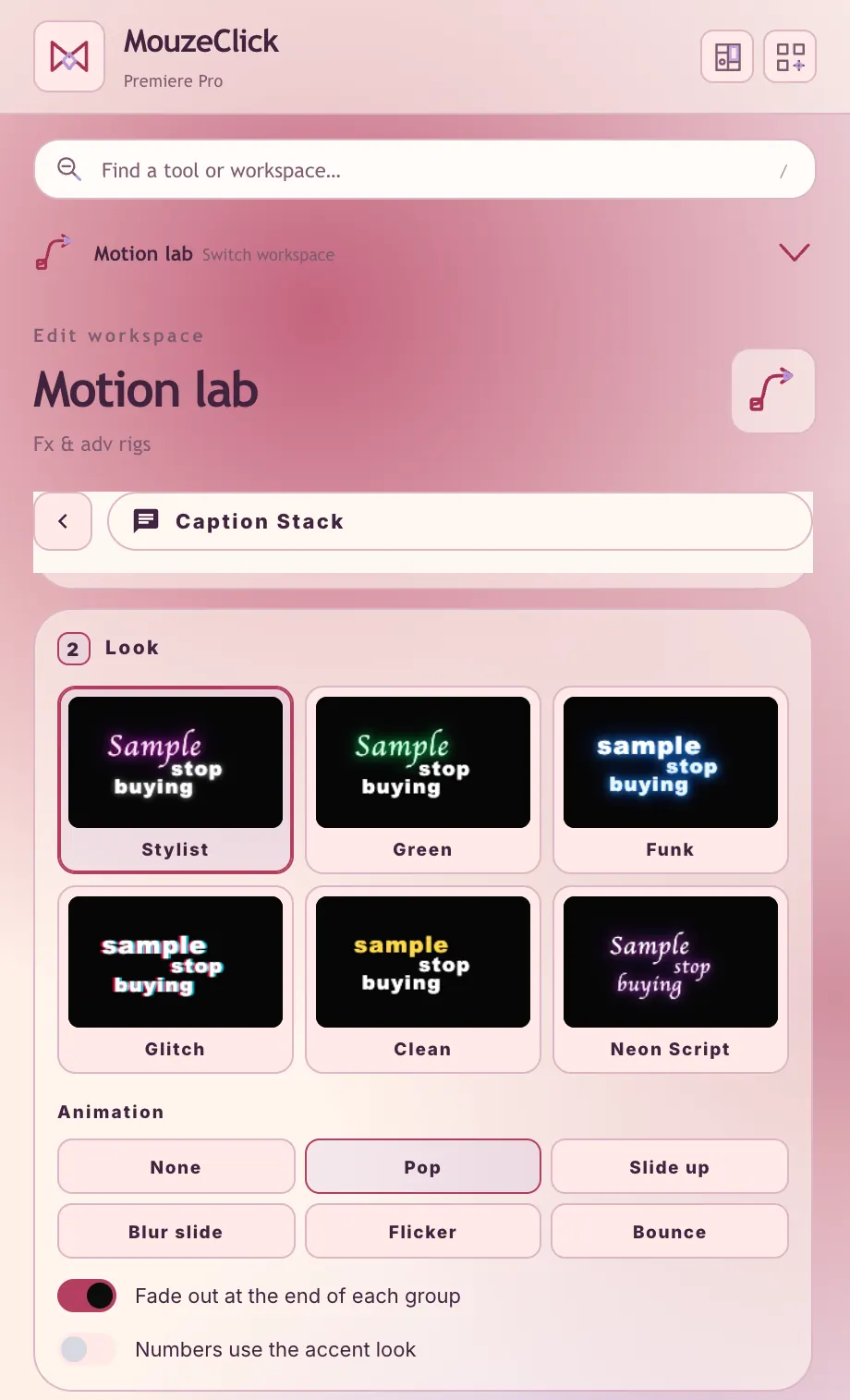 Caption Stack looks. The Premiere Pro workspace in Candy Play.