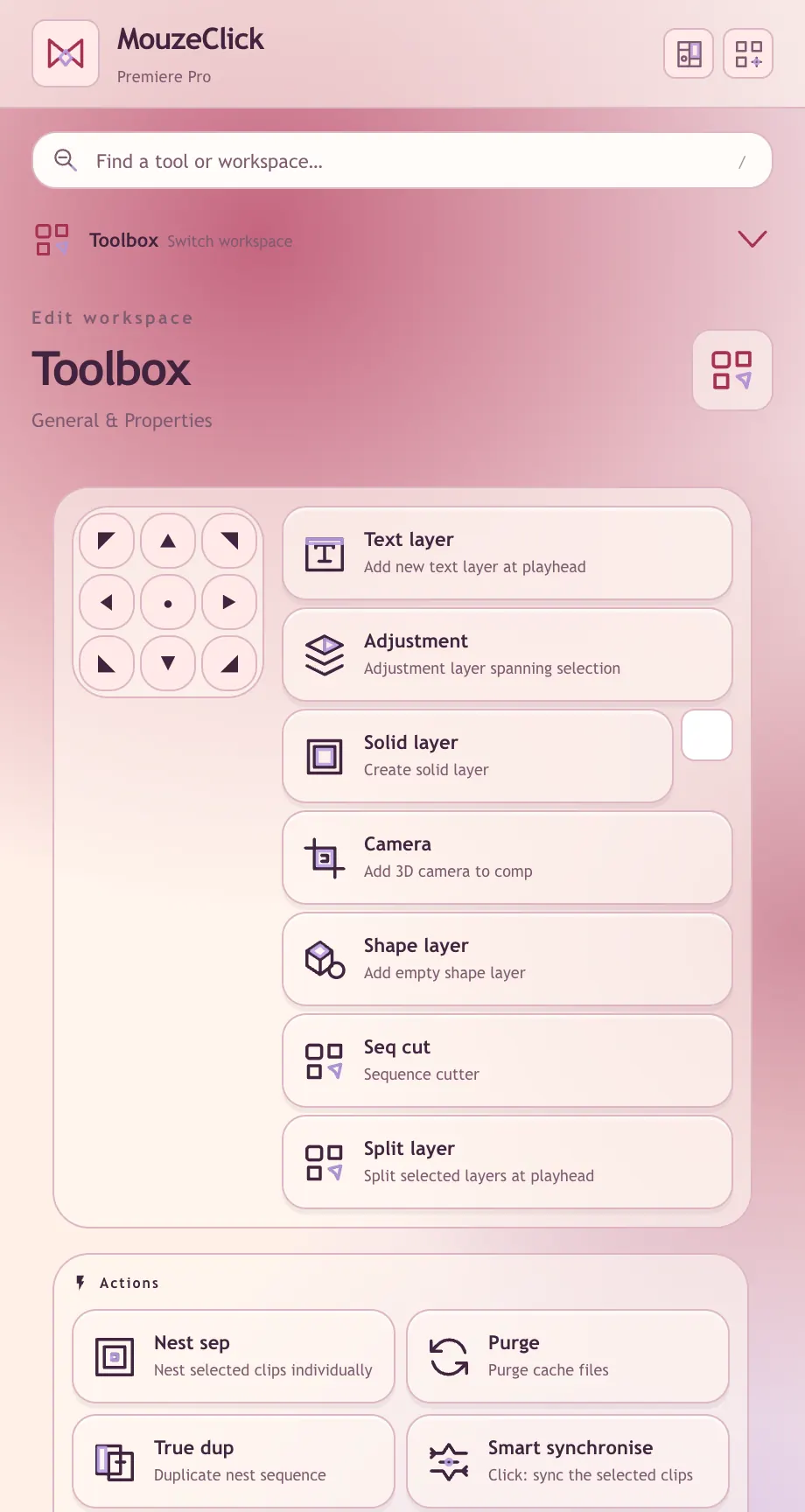 Toolbox: the anchor grid, layers and Actions. The Premiere Pro workspace in Candy Play.