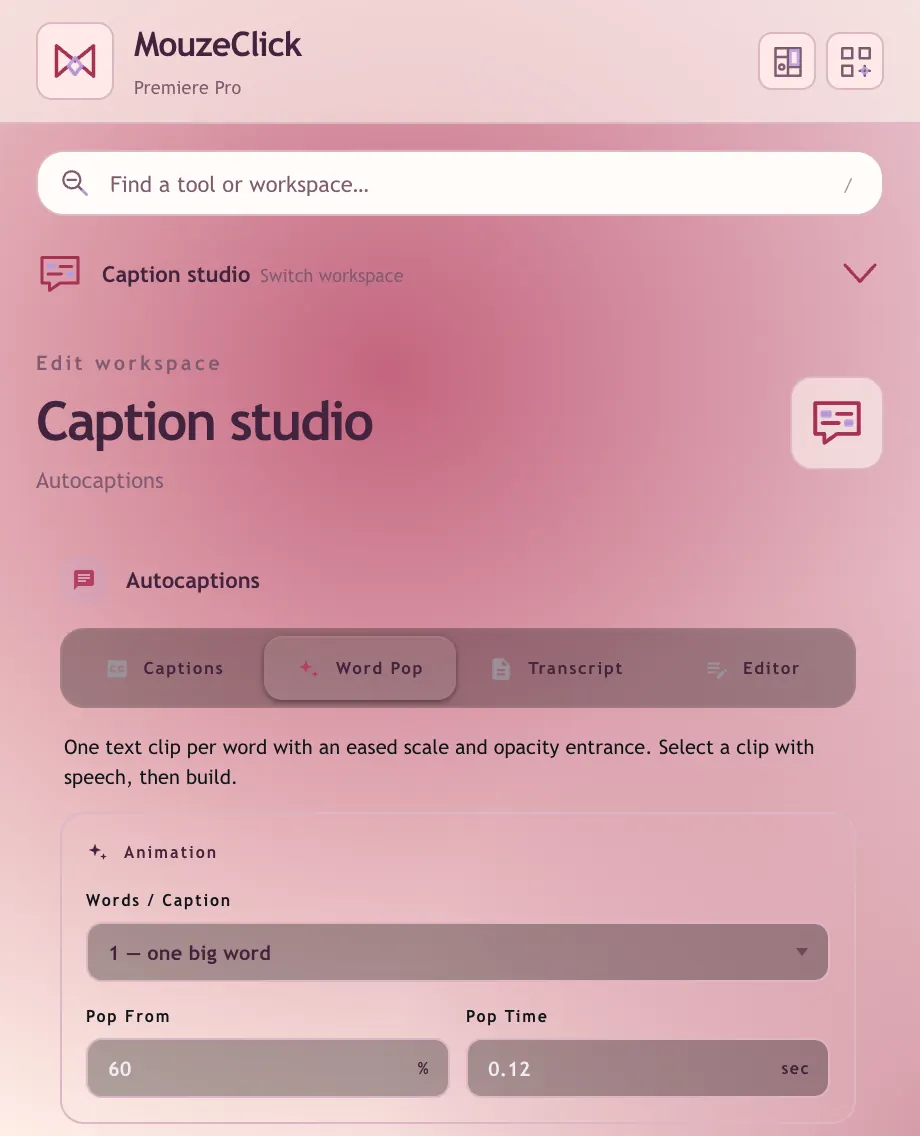 Word Pop. The Premiere Pro workspace in Candy Play.