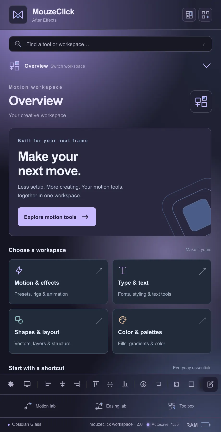 The After Effects workspace in Obsidian Glass, from the header at the top to the status bar at the bottom.