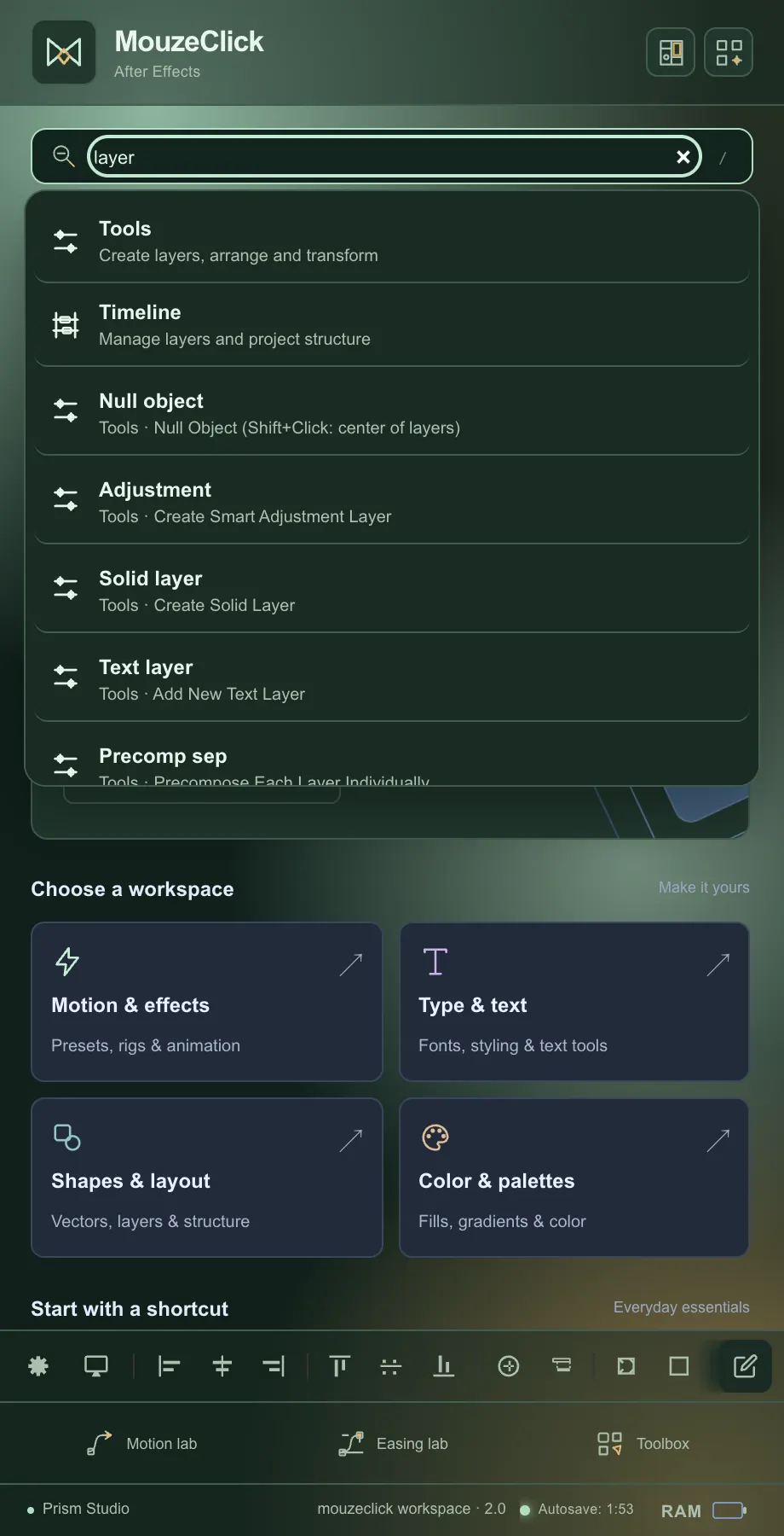 Search results for “layer”. The After Effects workspace in Prism Studio.