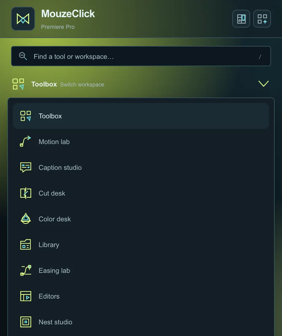 The workspace switcher. The Premiere Pro workspace in Neon Arena.