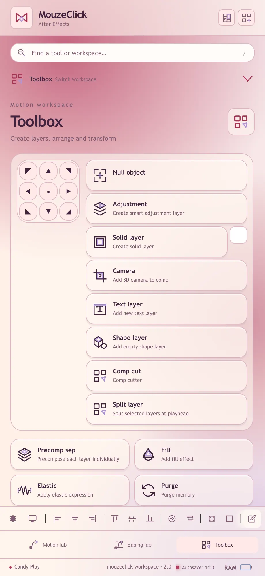 Toolbox tool tiles. The After Effects workspace in Candy Play.