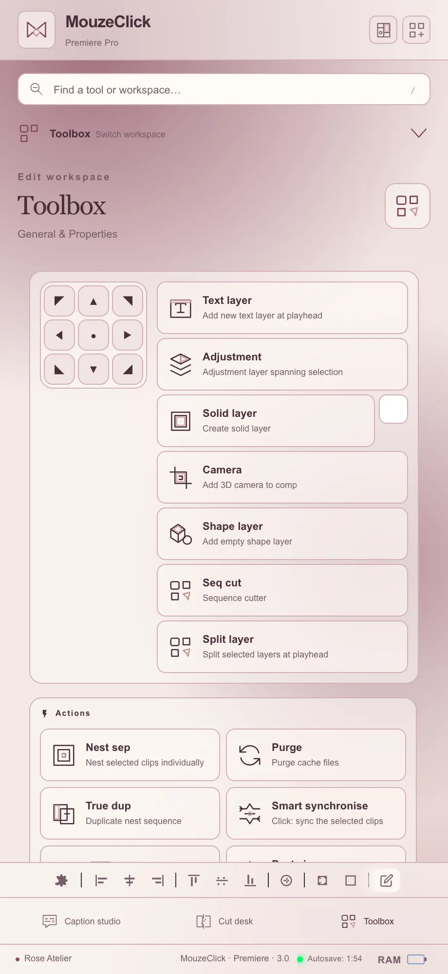 Toolbox tool tiles. The Premiere Pro workspace in Rose Atelier.